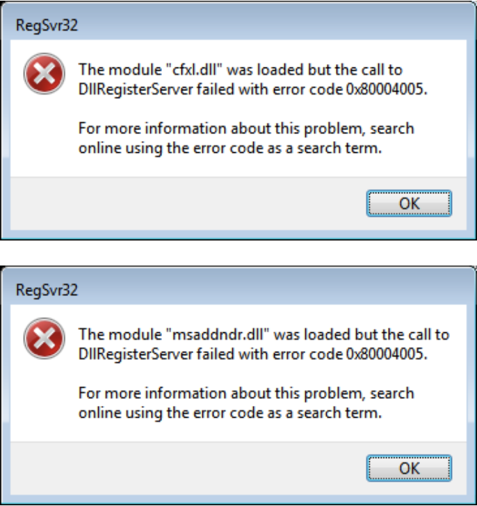 Call to DIIRegisterServer failed when registering cfxl.dll or msaddndr.dll