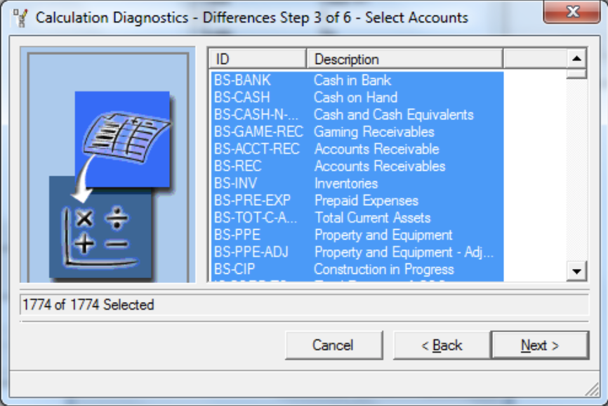 Select all items Calculations Diagnostics 